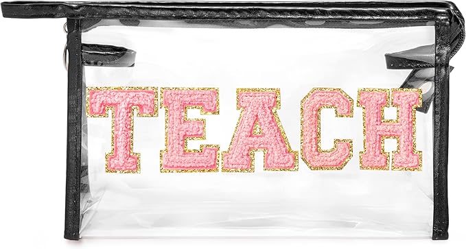 CY2SIDE TEACH Clear Makeup Bag - Pink TEACH Letter Patch Cosmetic Bag with Handle for Travel PVC Zipper Clear for Toiletries Waterproof Portable Travel Organizer Teacher Appreciation Gifts, Black