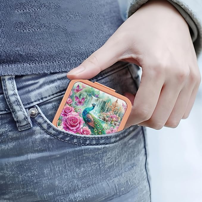 Small Compact Magnifying Mirror for Travel - Handheld, Foldable & Lightweight - Mini Pocket-Sized Magnified Mirror for Purse Rose Gold Peacock