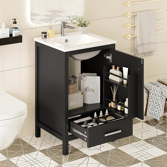 Virubi 20" Small Bathroom Vanity with Sink, Soft-Close Drawer and Door, Wood Modern Single Bathroom Sink Cabinet with Doors and Shelves, Adjustable Foot Pads, for Small Space (Black)
