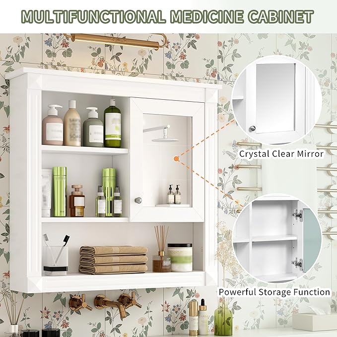Merax Bathroom Medicine Cabinet with Mirror Door & Adjustable Shelves, 32" x 28" Wall Mounted Bathroom Storage Cabinet with Mirror, Over The Toilet