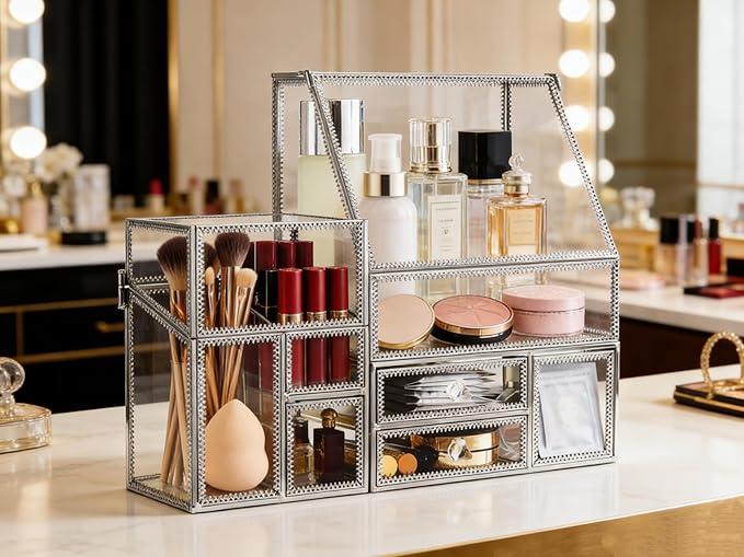 Hersoo Glass Makeup Organizer for Vanity/Stackable 2Pieces Drawer Set/Antique Countertop Vanity Cosmetic Storage Box Mirror Glass Beauty Display, Holder for Brushes Lipsticks Skincare Toner (Silver)