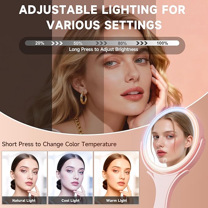 Hasipu Portable Travel Makeup Mirror with Lights – 360° Rotating with 1X/10X Magnifying, Rechargeable Tabletop Handhold Hanging 3 in 1 Mirror (Pink)