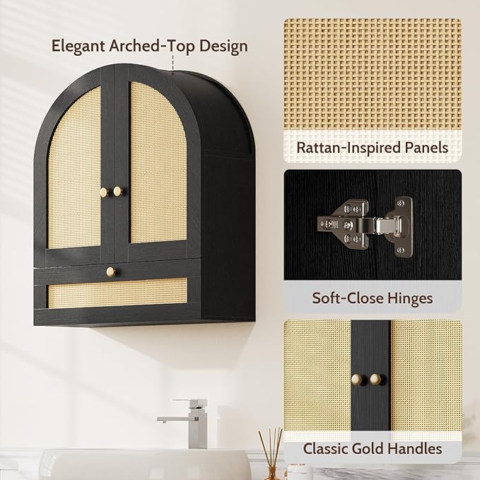 Arched Bathroom Wall Cabinet, Rattan Medicine Cabinet with Drawer, Wall Mounted Hanging Above Toilet Storage Cabinet, Black 4-Tier Small Over The Toilet Storage Cabinet with Door for Kitchen, Laundry