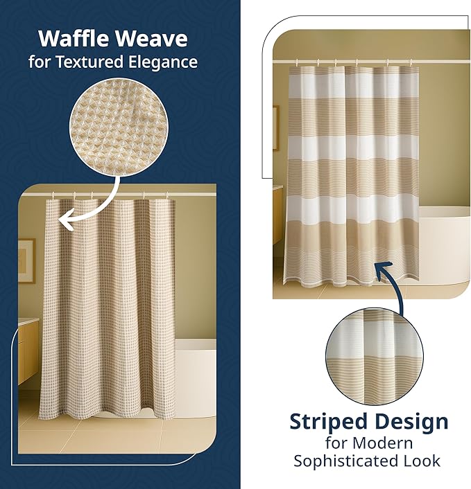 LANE LINEN Luxury Shower Curtain Set for Bathroom - Standard Sized Pack of 2 - Premium Waffle Stripe Fabric - Water Repellent, Quick Dry & Machine Washable - Reinforced Header with Grommets - Beige