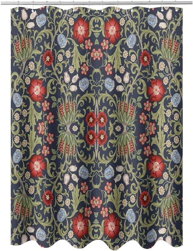 Boho Watercolor Floral Shower Curtain William Morris Design Heavy Duty Fabric Shower Curtain Set Bathroom Polyester Waterproof Shower Curtain 66x72 Inches(168x183cm), Style