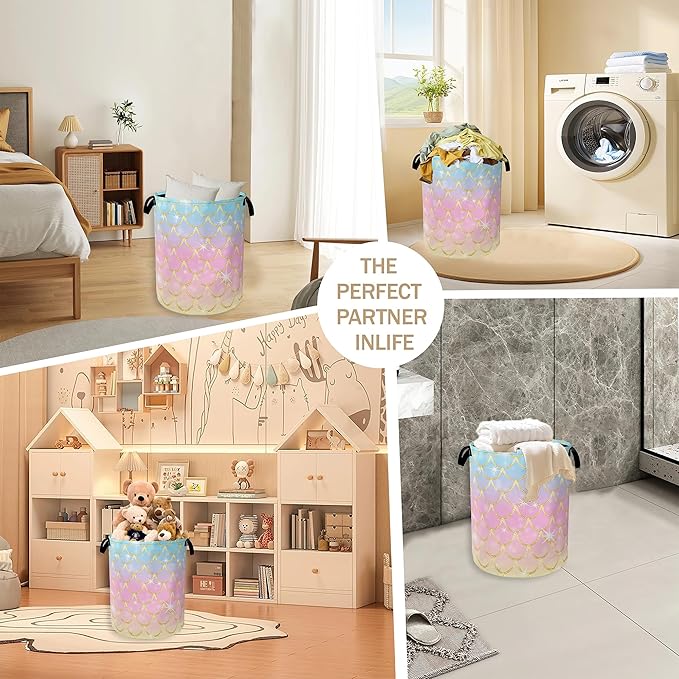 Glitter Mermaid Scales Laundry Basket,Pink Blue Gold Clothes Hamper,Oxford Cloth Collapsible Nursery Hamper Storage Organization for Bedroom,Bathroom,Office,College Dorms,16x20 Inch