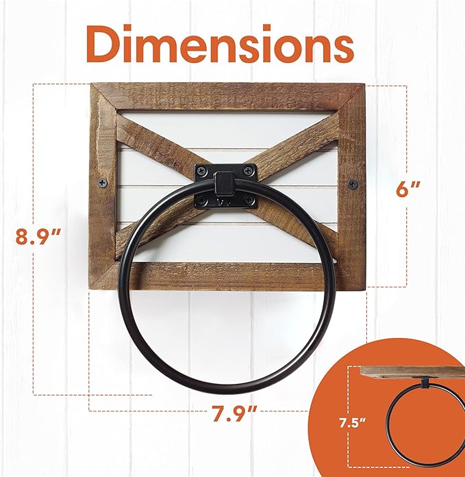 Autumn Alley Farmhouse Decor Hand Towel Ring for Bathroom - Coastal Towel Holder/Rack, Wall Mounted, Mix of Wood, Unique Shiplap & Black Ring