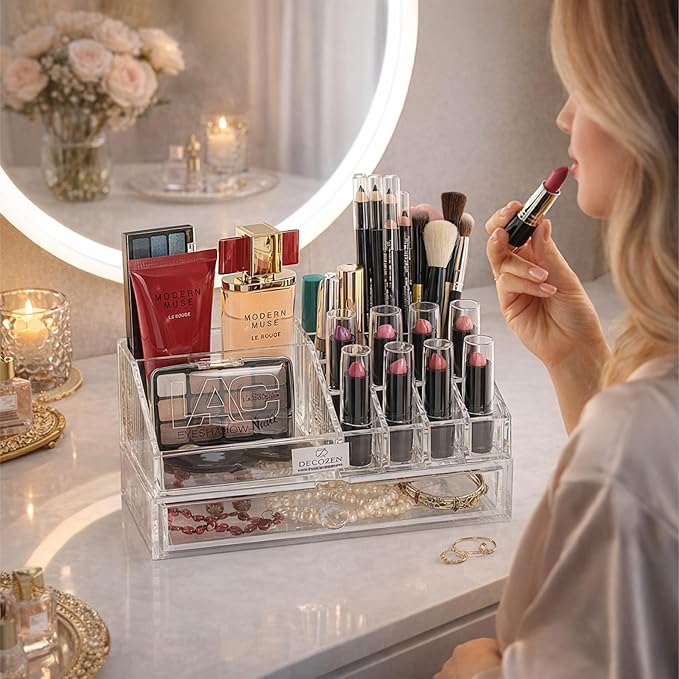 Decozen Makeup Organizer - Vanity Storage with Multiple Compartments and Drawers for Brushes, Lipsticks, Jewelry, Perfect for makeup organizer countertop, makeup holders and organizers, Gift for Mom