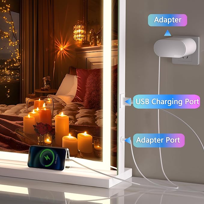Hasipu Vanity Mirror with Lights, 47" x 30" LED Makeup Mirror, Lighted Makeup Mirror with Dimmable 3 Modes, Touch Screen Control Vanity Mirror Square White