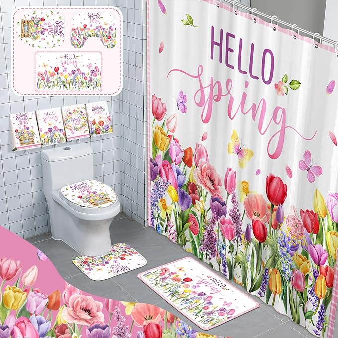 FuWeave 8 Pcs Easter Shower Curtain Sets for Bathroom Hello Spring Easter Shower Curtain Sets with Rugs and Towels, Include Non-Slip Rug, Toilet Lid Cover, Bath Mat and 12 Hooks