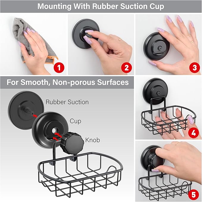 HASKO accessories Suction Soap Dish with Hooks - Super Powerful Vacuum Suction Cup Shower Soap Holder - Rustproof Stainless Steel SS304 Soap Basket - Sponge Holder for Bathroom & Kitchen (Black)