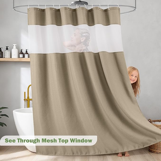 UFRIDAY Moka Waffle Weave Shower Curtain 72x72 inch, Spa Like Hotel Style Bath Curtain with Mesh Top Window, Heavy Duty Thick Fabric Shower Curtain for Bathroom, Machine Washable Water Resistant