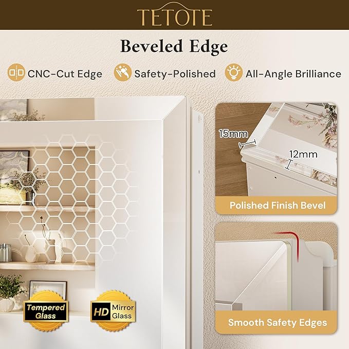 TETOTE 16 x 20 Medicine Cabinet with Tempered Beveled Mirror White Bathroom Mirror with Storage Aluminum Cabinet DTC Hinges, Stepless Adjustable Shelves, Recessed/Surface-Mounted