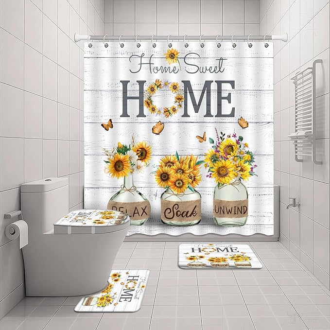 ALEXEX 4 PCS Yellow Sunflower Shower Curtain Set,Home Sweet Bathroom Set with Shower Curtain and Rugs and Accessories,Farmhouse Country Shower Curtain Bathroom Decor with 12 Hooks,72 X 72 Inches