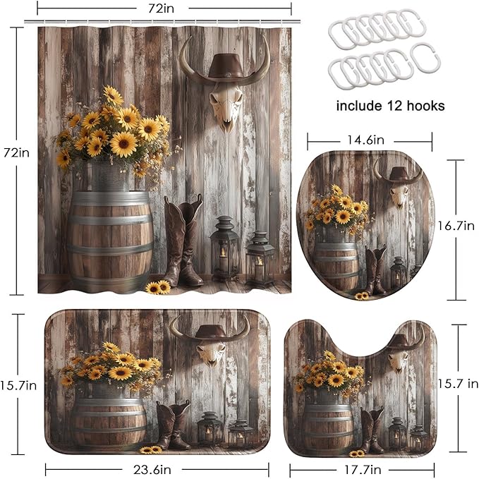 Western Cowboy Floral Shower Curtain Set with Toilet Lid Cover and Non-Slip Rugs, Farmhouse Barn Door Country 4 Pcs Shower Curtain with 12 Hooks, Rustic Bathroom Set with Rugs and Accessories