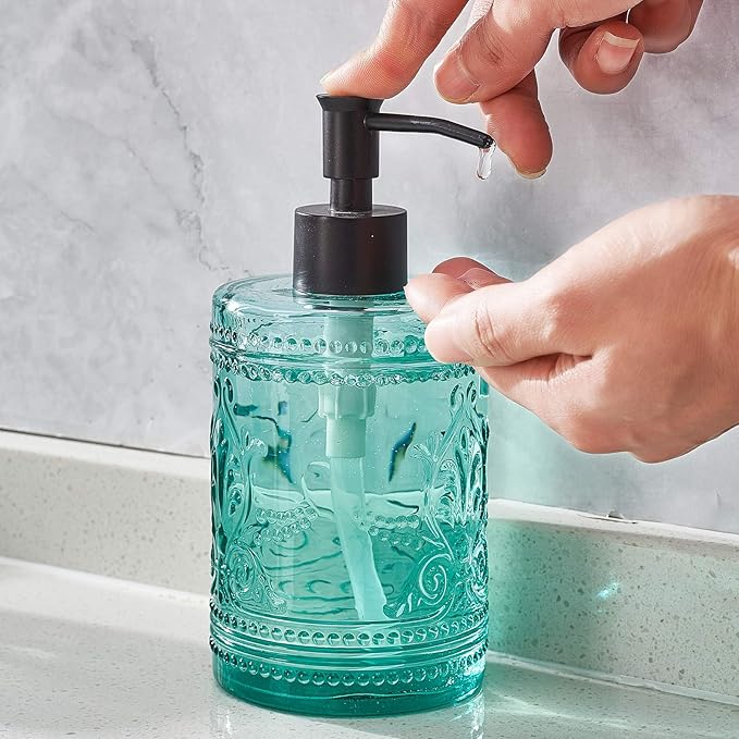 4PCs Teal Blue Glass Bathroom Accessories Set with Decorative Pressed Pattern - Includes Hand Soap Dispenser & Tumbler & Soap Dish & Toothbrush Holder (Bathroom Accessories Blue)