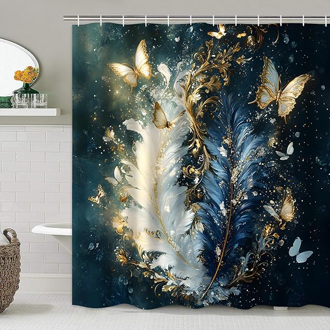 AZHM Luxury Dark Blue Gold Feather and Butterfly Shower Curtain Set 4 PCS Glittery Art Bathroom Decor Set with Non-Slip Rugs, Toilet Lid Cover & Bath Mat