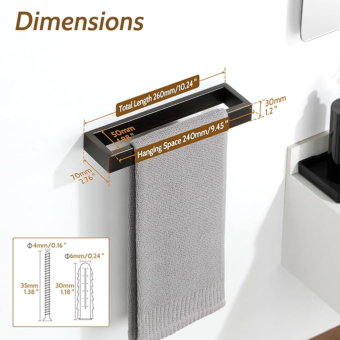 Sayayo Oil Rubbed Bronze Towel Bar for Bathroom, 10 Inch Hand Towel Holder Wall Mount Square Towel Ring SUS304 Stainless Steel Towel Rack