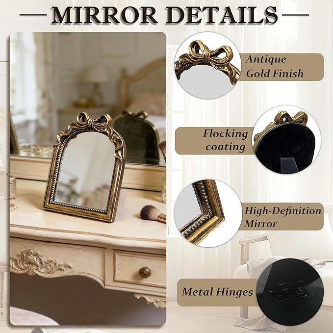 Vintage Carved Resin Desk Mirror 8x6 Inch Decorative Vanity Mirror for Makeup, Dorm, Bedroom & Tabletop Deco