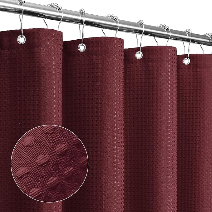 Gibelle Burgundy Red Shower Curtain, Waffle Weave Textured Fabric Shower Curtain for Bathroom - Soft Cloth & Hotel Spa Luxury, Water Repellent, Machine Washable, 72X72