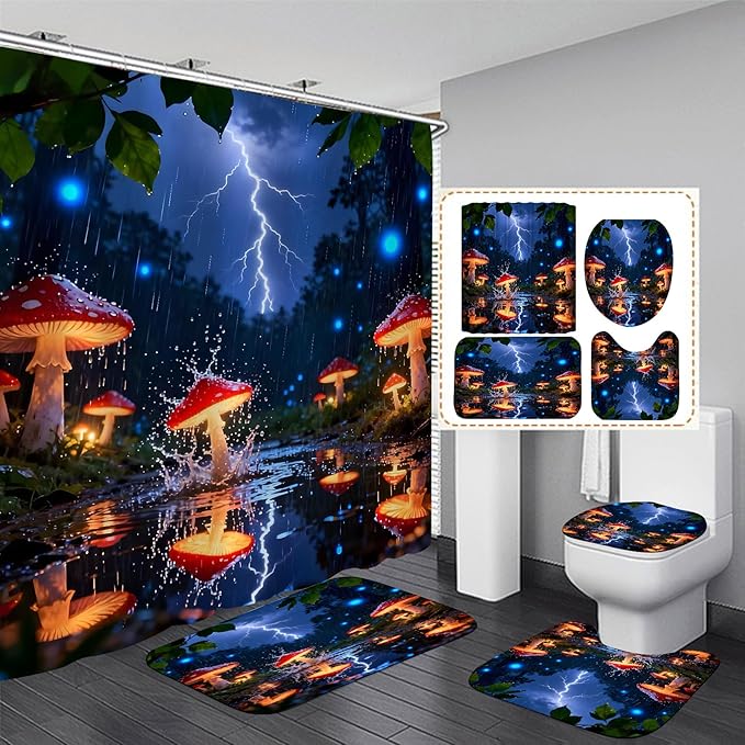 4 Piece Fantasy Red Mushroom Shower Curtain Set with Rugs, Enchanted Forest Rain & Lightning Art, Vibrant Blue Glow & Nature Bathroom Decor, Waterproof Fabric, Non-Slip Bath Mats & Toilet Lid Cover