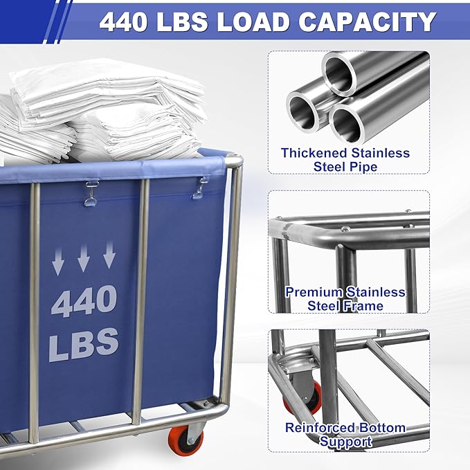 420L Commercial Rolling Laundry Cart with Wheels, 440 Lbs Heavy Duty Stainless Steel Frame Hamper, Extra Large Laundry Basket with Removable Waterproof Liner Bag for Hotel, Hospital & Dorm, Blue