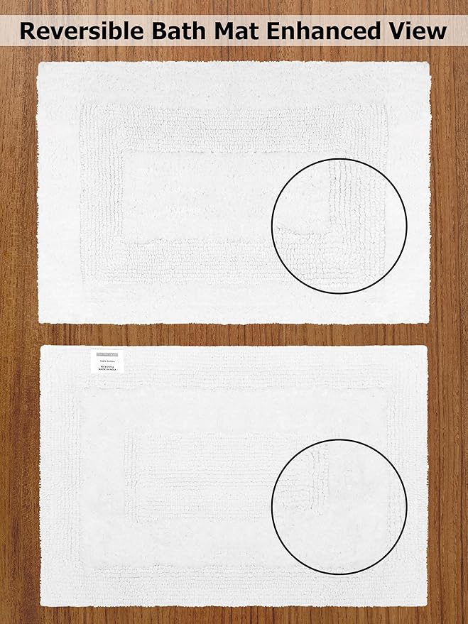 COTTON CRAFT Luxurious Bathmat Rug - Set of 2 Reversible Heavyweight Large Step Out Bath Mats for Bathroom Floor, Tub and Shower - Pure Cotton Soft Plush Absorbent Tufted Racetrack Mat - 20x30 - White