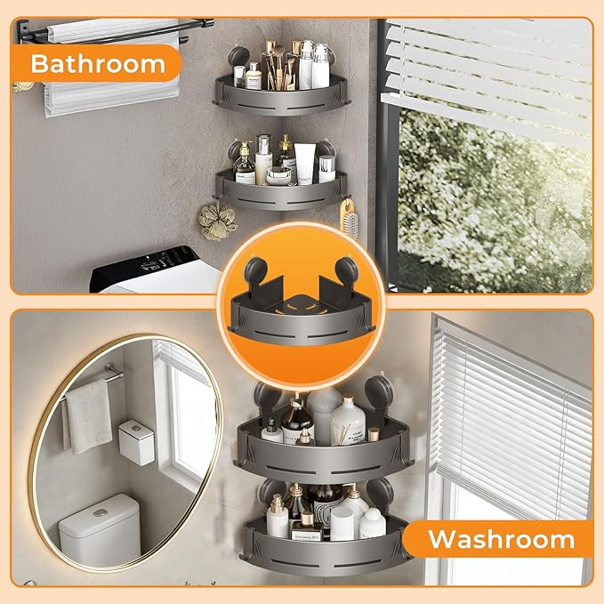 Corner Shower Caddy 2-Pack, Suction Cup Bathroom Shower Organizer with Hooks, No Drilling Rustproof Aluminum Floating Wall Shelf for Inside Shower, Gun Grey (Triangular)