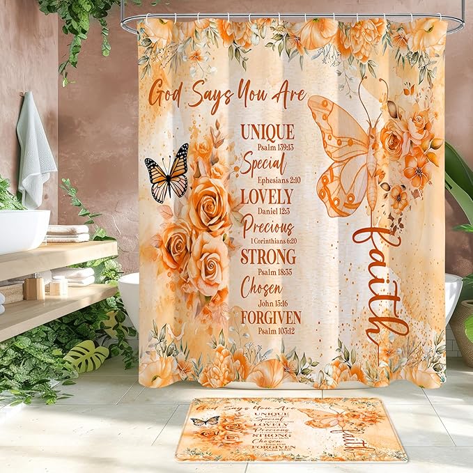 Litabel 4 Pcs Orange Butterfly Inspirational Quotes Shower Curtain Set with Rugs and Toilet Lid Cover, Colorful Boho Waterproof Fabric Bathroom Set, Bible Verse Floral Bathroom Decor Set Accessories