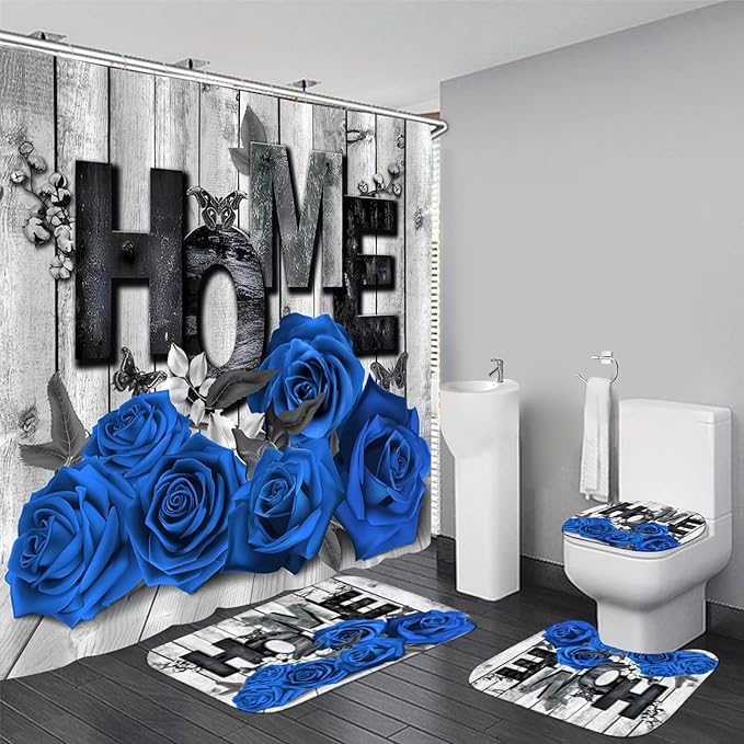 Yddsky Blue Rose Valentines 4 Pcs Shower Curtain Sets Non-Slip Rugs Bath Mat Toilet Cover U Shaped Mat Romantic Blue Bathroom Decor with 12 Hooks Valentines Day Bathroom Set