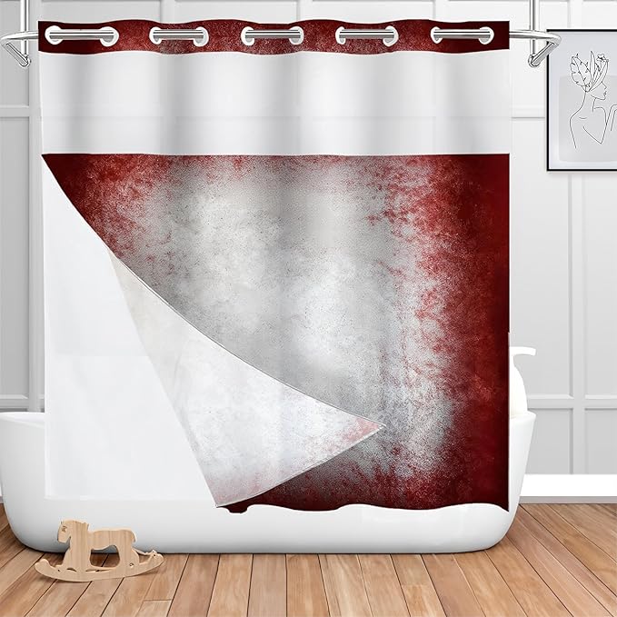 Shrahala Grey Abstract Tie Dye No Hooks Shower Curtain with Snap in Liner Set, Dark Red Modern Abstract Art Maroon Bathroom Décor Polyester Fiber Waterproof for Stall Bathtubs 71 X 74 in
