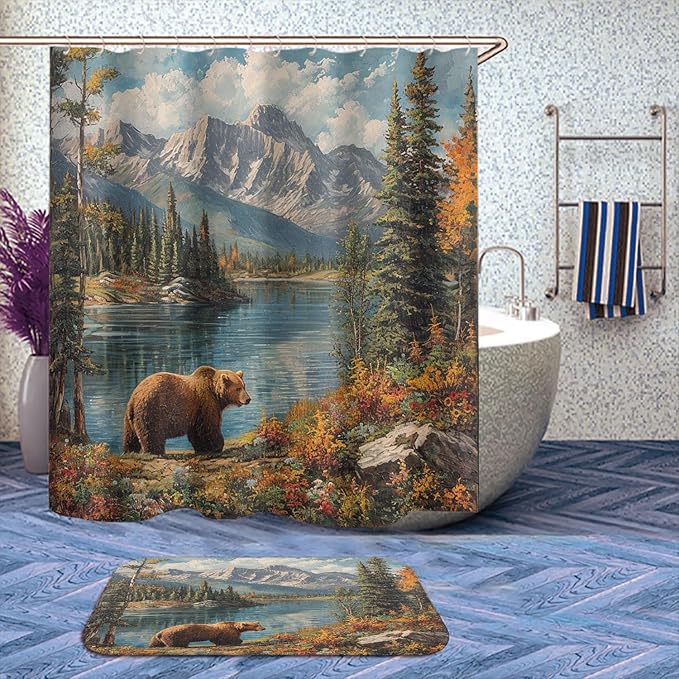 4 Pcs Rustic Bear Shower Curtain Set with Rugs,Toilet Lid Cover, Bath Mat, Lake Country Lodge Cabin Farmhouse Camp Woodland Shower Curtain with 12 Hooks, Durable Bathroom Decor Set