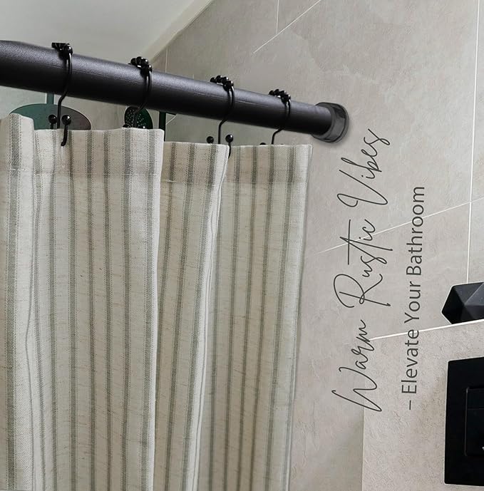 Farmhouse Striped Shower Curtain - 72x84 Inches, Linen Blend Fabric, Breathable & Machine Washable, Rustic Sage for Bathroom Decor (Hooks/Liner Not Included)