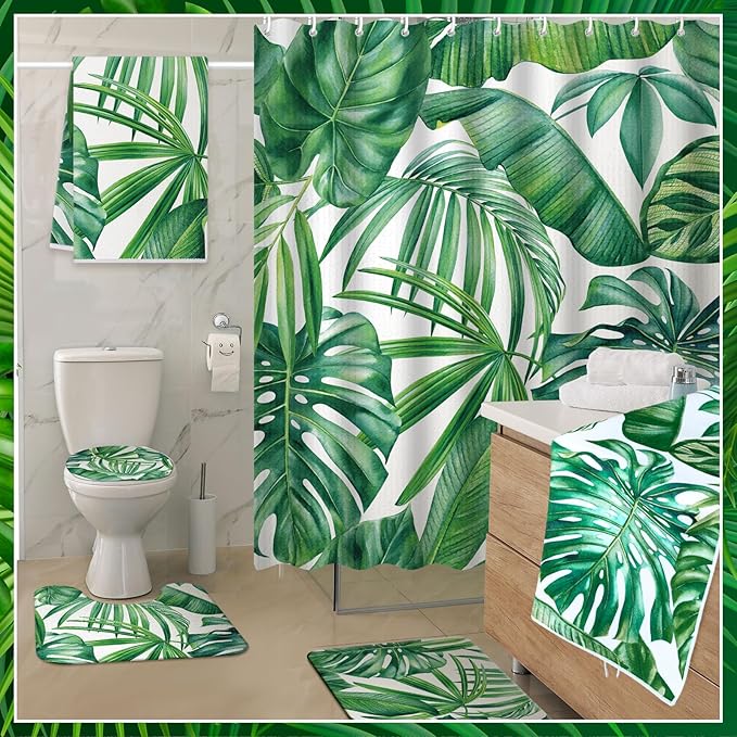 Nuanchu 6 Pcs Tropical Leaves Shower Curtain Set with Rug Green Palm Botanical Banana Monstera Leaf Bathroom Sets with Shower Curtain Bath Mat U Shaped Mat Toilet Lid Cover 2 Bath Towels and 12 Hooks