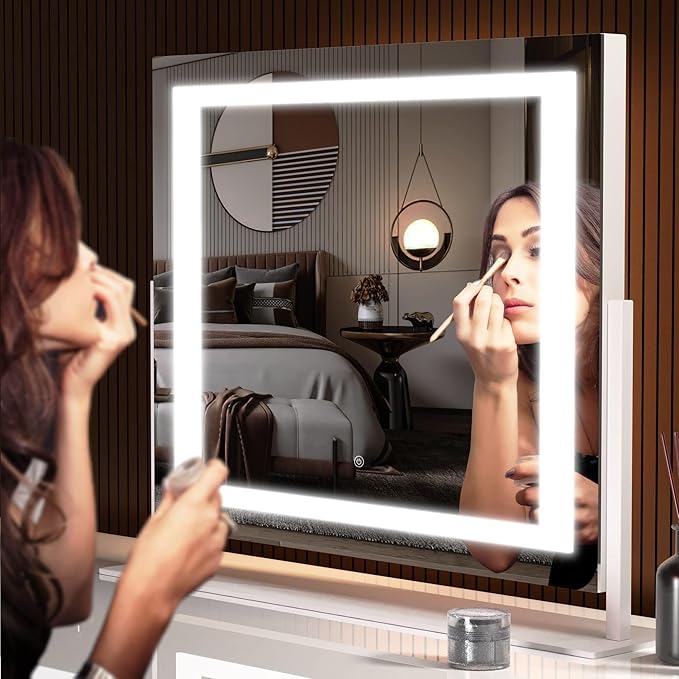 Hasipu Vanity Mirror with Lights, 24.2" x 19.7" LED Makeup Mirror, Light up Mirror with 10X Magnification, Smart Touch 3 Colors Dimmable, Brightness Adjustment, 360° Rotation (Right Angle White)