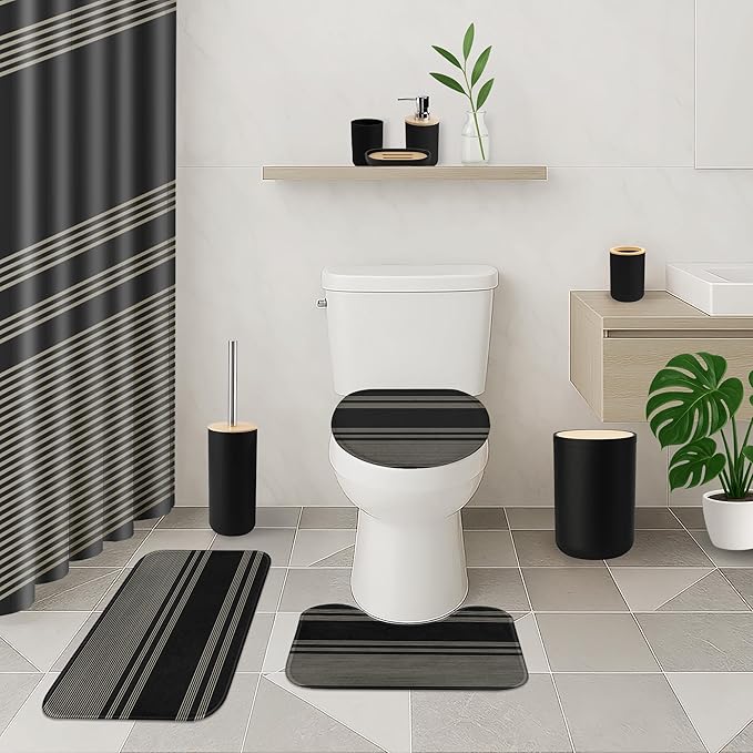 Black Bathroom Decor and Accessories Set, Striped Shower Curtain and Rug Set with Trash Can, Soap Dispenser, Soap Dish, Toothbrush Holder, Toothbrush Cup, Toilet Brush