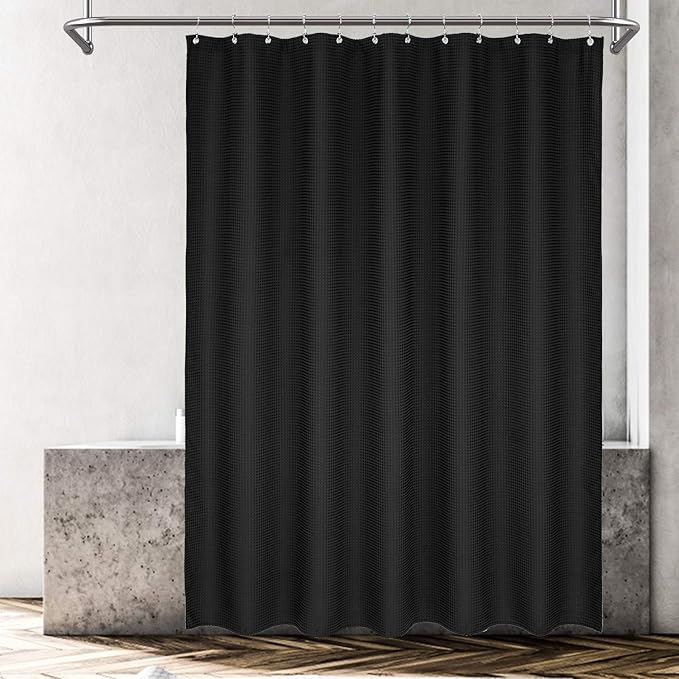 Barossa Design Waffle Weave Shower Curtain Hotel Luxury Spa, Black Heavyweight Fabric Shower Curtains for Bathroom, Washable & Water Repellent, Black, 71x72 Inch