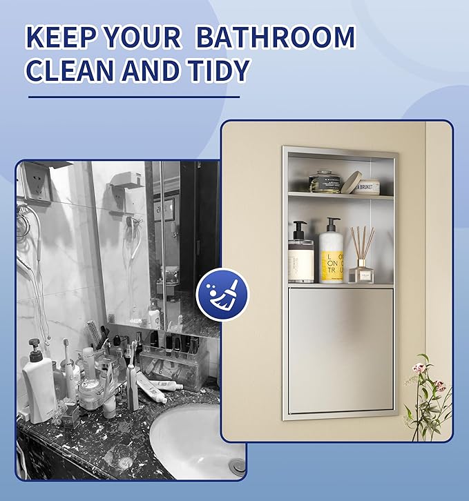 Recessed Medicine Cabinet with Door 24" X 12" Brushed Wall Medicine Cabinets with 3-Tier Shelf 304 Stainless Steel Niche Shower for Bathroom Storage