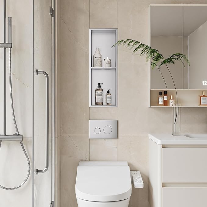Neodrain Shower Niche Double Shelf Stainless Steel No Tile Needed Bathroom Niches Recessed in Wall, 2-Tier Recessed Wall Niche Waterproof Cubby(8X24 Inch,Brushed)