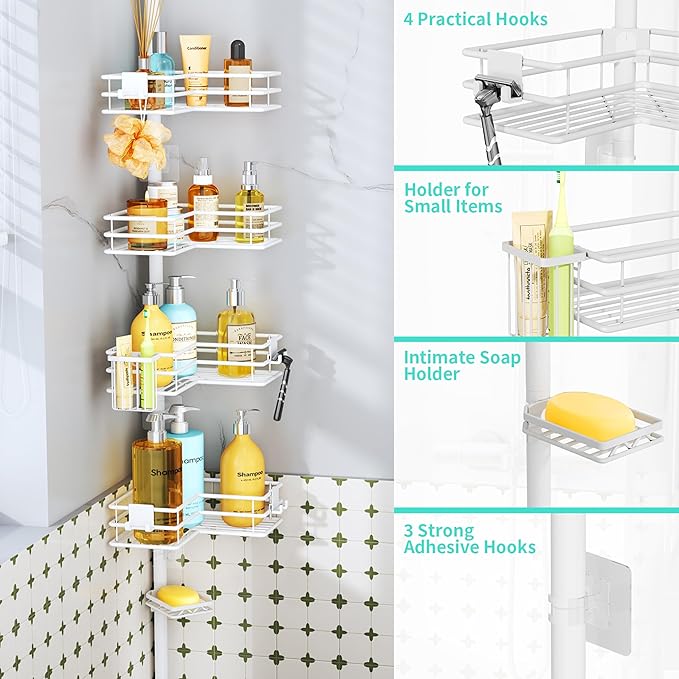 HapiRm Corner Shower Caddy Organizer - Shower Organizer Corner with Soap Holder, Toothbrush Holder and 4 Hooks, Rustproof Bathroom Shelf Tension Pole Available for 27.6 to 108.3 Inch - White