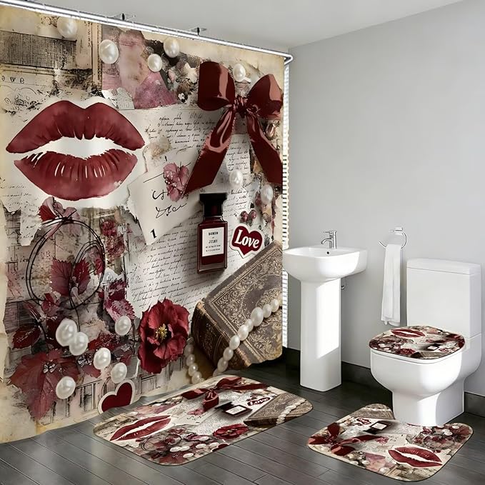 DDQQ 4Pcs Sexy Lip Shower Curtain Set Women Pearl Bow Bathroom Decor Set, Fashion Red Flower Perfume Bathroom Curtains Shower Set with Rugs, Girly Shower Curtain with 12 Hooks