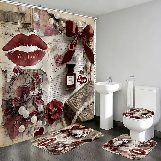 DDQQ 4Pcs Sexy Lip Shower Curtain Set Women Pearl Bow Bathroom Decor Set, Fashion Red Flower Perfume Bathroom Curtains Shower Set with Rugs, Girly Shower Curtain with 12 Hooks