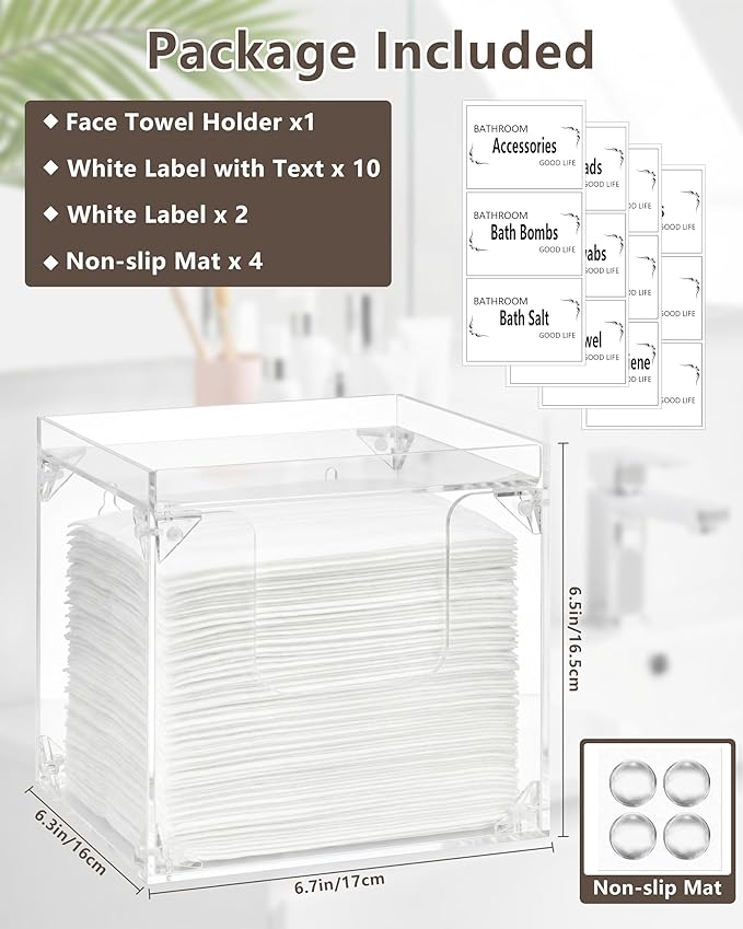 Foldable Facial Towel Holder – Disposable Face Towel Acrylic Storage Box for Bathroom, Clean Skin Club Box with Non-Slip Pads, Clean Towels XL Holder (Excluding Facial Towels)