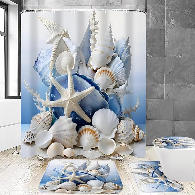 Chrainy 4Pcs Beach Conch Shower Curtain Sets Sea Shell Bathroom Set Decor with Non-Slip Rugs Bath U-Shaped Mat Toilet Lid Cover Waterproof Starfish Bathroom Curtain Shower Set with 12 Hooks
