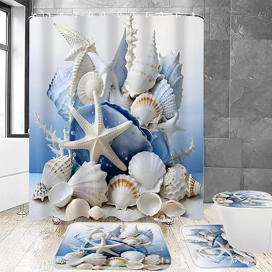 Chrainy 4Pcs Beach Conch Shower Curtain Sets Sea Shell Bathroom Set Decor with Non-Slip Rugs Bath U-Shaped Mat Toilet Lid Cover Waterproof Starfish Bathroom Curtain Shower Set with 12 Hooks