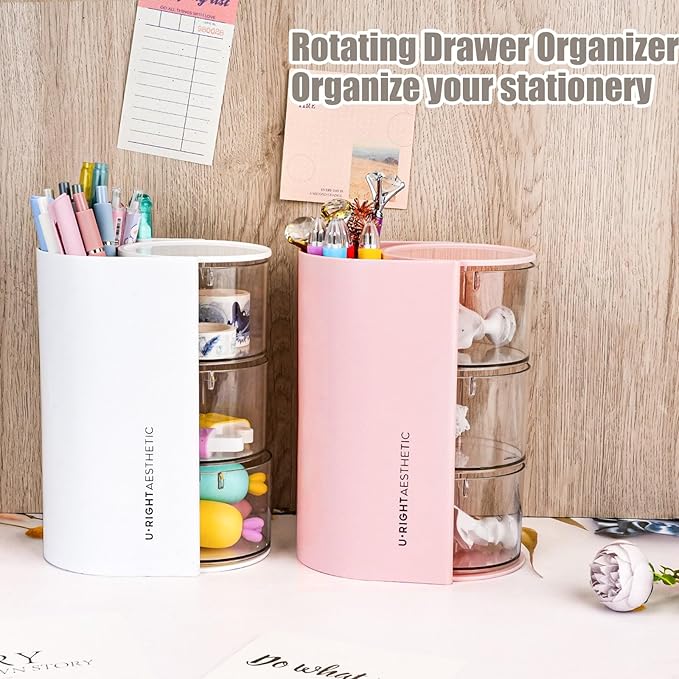 WCHOSOZH 3-Tier Clear Hair Accessories Organizer with Hair Brushes Holder, Rotatable Drawer Makeup Sponge Holder Desktop Organizer Case for Makeup Brush Lipsticks Q-tip Cotton Swab Stationery (Pink)