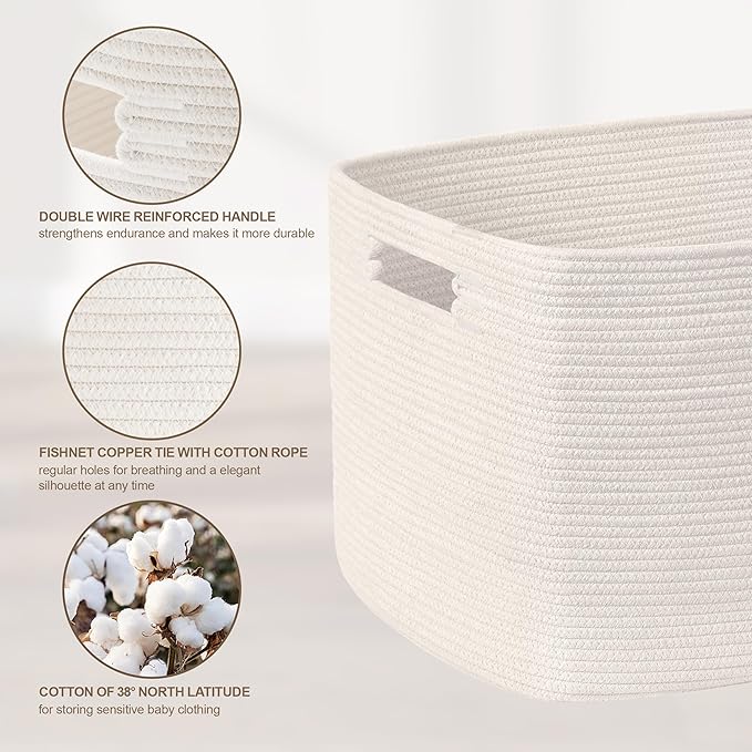 100L Extra Large Baby Girls Laundry Basket for Nursery Storage,Cute Woven cotton Rope Baskets for Kids Toy，Gifts, Boho Square Wicker Blanket hamper for Living Room,Bedroom Dirty Clothes, White