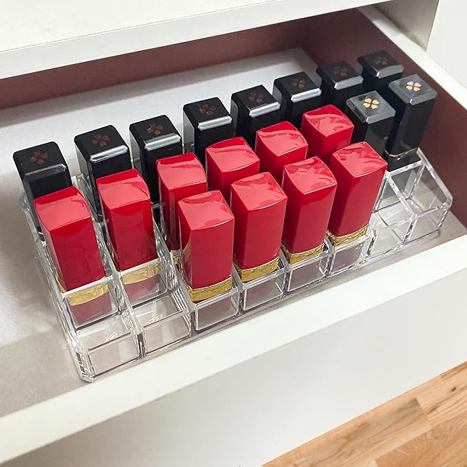 KEUYE Lipstick Organizer For Drawer,24 Slot Lipstick Organizer,Lipstick Organizer For Drawer Flat,Lipstick Organizer Drawer Insert,Acrylic Makeup Drawer Organizer Lipstick