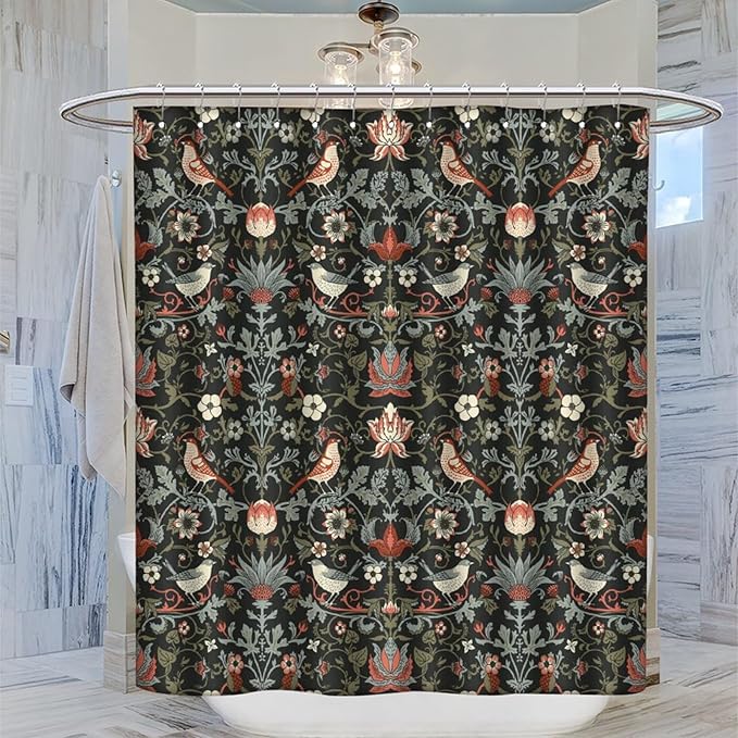 Boho Shower Curtain William Morris Art Print Retro Bird Plant Natural Flower Pattern Print Shower Curtains 72""×84"" Inch, Style-2