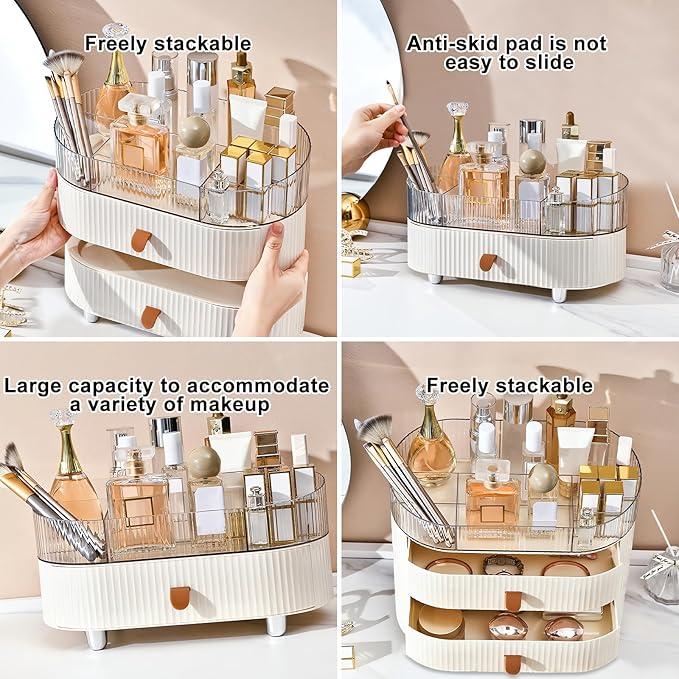 DASITON Makeup Organizer with Drawer,6 Slots Stackable Makeup Brush Holder,Skincare and Cosmetic Organizer for Bathroom Vanity Countertop Makeup Storage for Cosmetics,Brushes,Lipstick and Jewelry